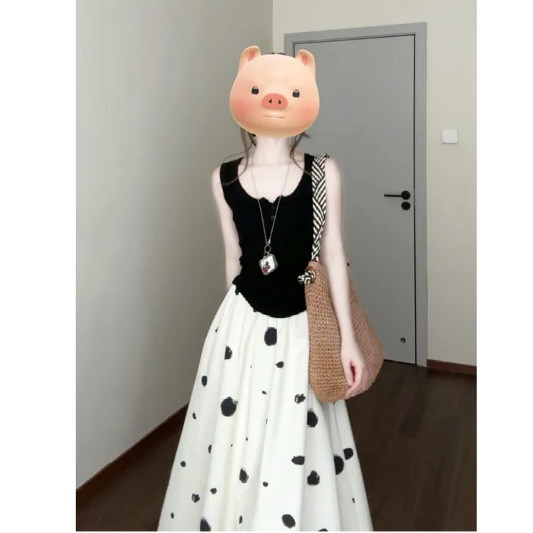 法式针织吊带背心女内搭修身上衣设计感法式波点气质半身裙套装