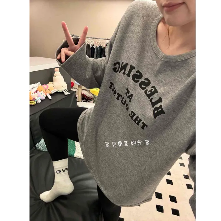 晶咕【长期主义】韩版字母图案圆领长袖宽松卫衣上衣百搭