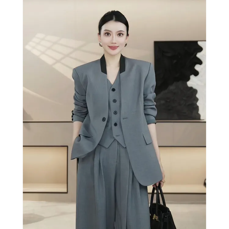【格雷勋章】西装外套无袖马夹腰带高腰休闲裤套装三件套HBZW800010