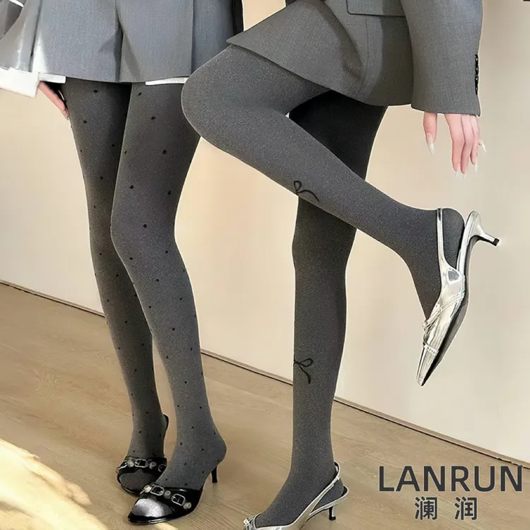 灰色连裤袜女波点打底袜蝴蝶结厚丝袜显瘦外穿打底裤保暖微压秋冬