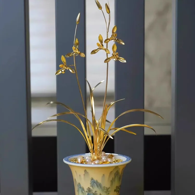 花中君子兰花摆件文房清供兰花黄金色假花办公室摆件桌面装饰摆件