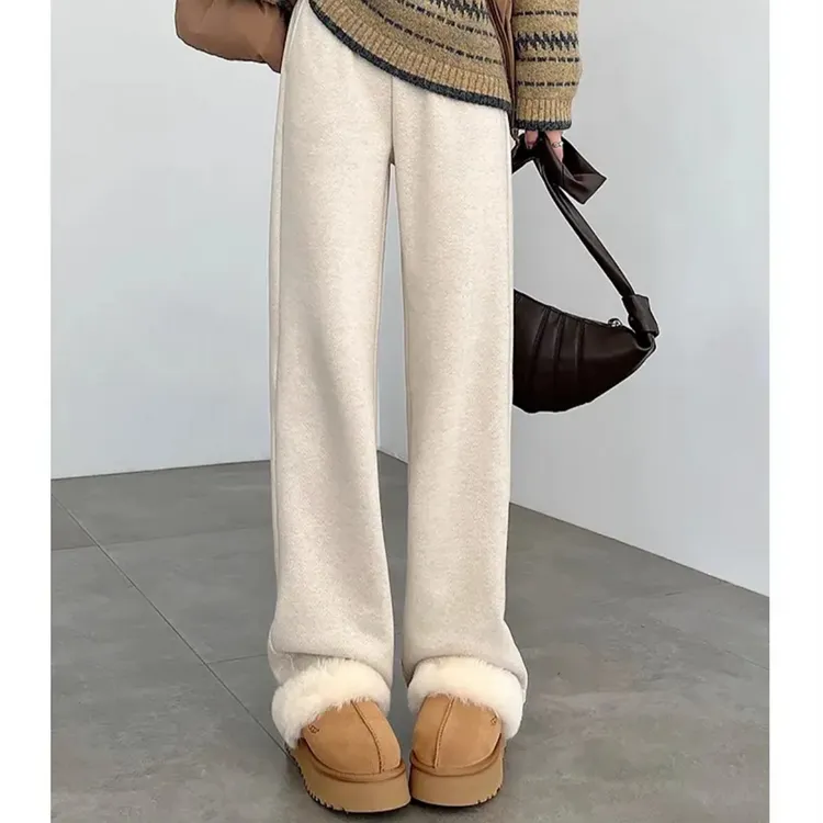 燕麦色毛呢阔腿裤人字纹垂感直筒裤优选休闲舒服美搭