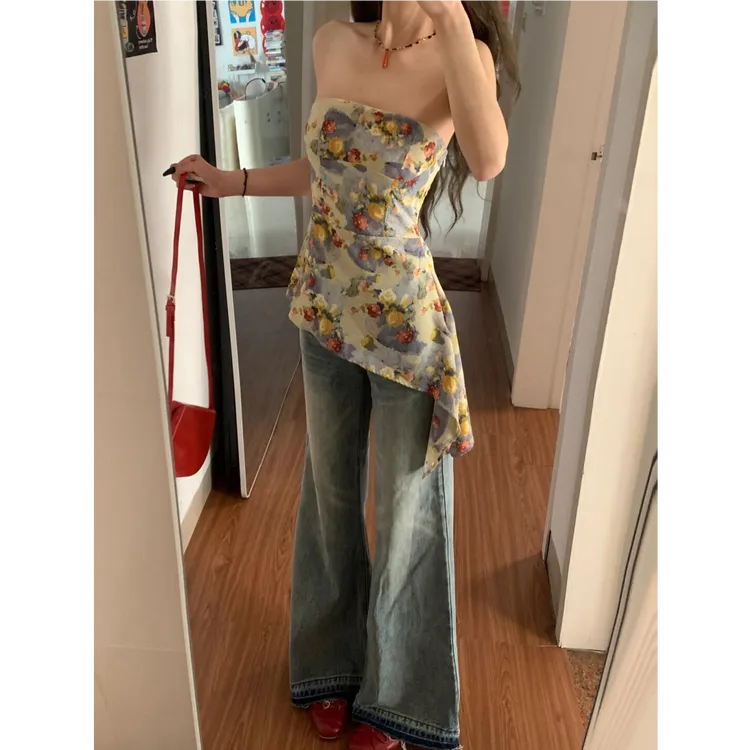 春季款设计感女韩版纯欲辣妹百搭不规则收腰上衣女配显瘦休闲裤子