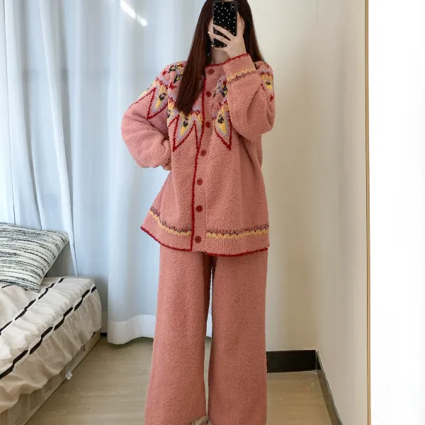 【粉色复古】费尔岛半边绒睡衣秋冬款2024新款针织保暖家居服套装