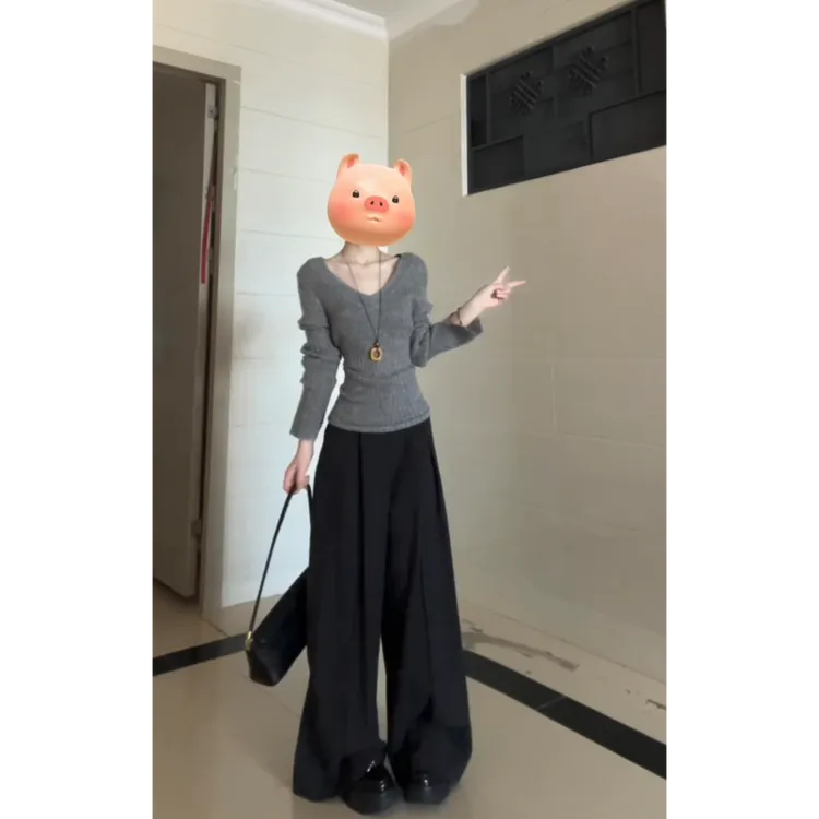 MARIE.COCO灰色修身v领针织衫长袖上衣女高腰阔腿显瘦休闲长裤子