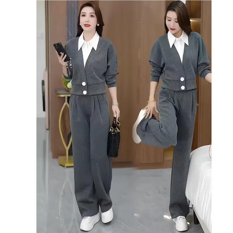 时尚休闲运动套装女春秋新款洋气假两件拼接上衣遮肚子减龄两件套