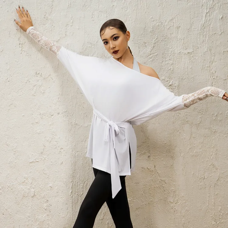 歌瑞亚拉丁舞女成人秋新款百搭长袖系带宽松露背罩衫练习功服
