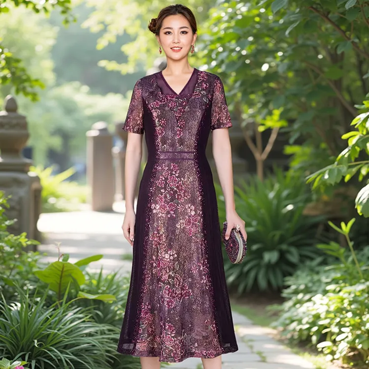 碧阳夏新款时尚妈妈奢华高贵绣花衣服连衣裙阔太太洋气礼服66602