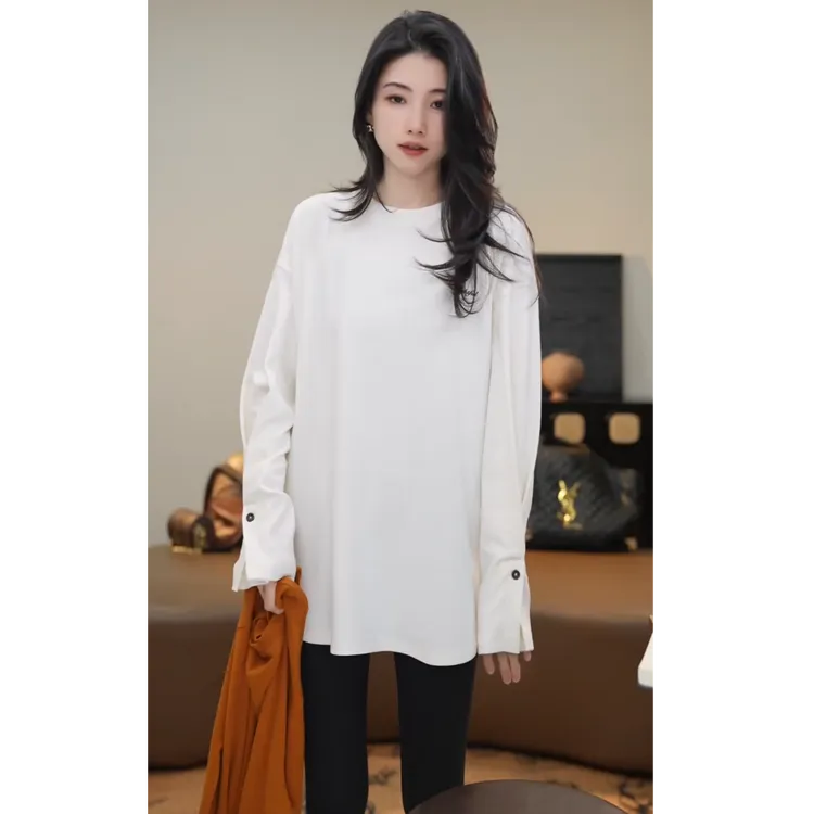 小乖逃双色！白色咖色卫衣T恤橙色袖子胸前字母橘色T恤扣S25723