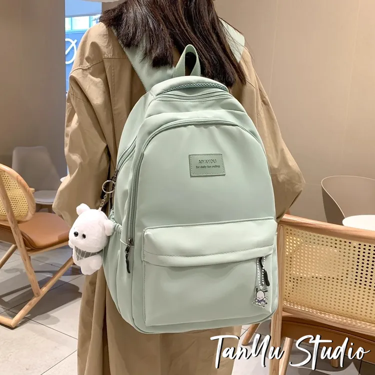 探屿简约百搭校园风双肩包女纯色大容量高中学生书包旅行电脑背包