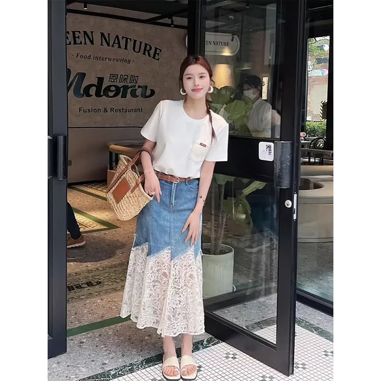 法式高级感拼接蕾丝半身裙女2025夏季薄款气质高腰显瘦牛仔包臀裙