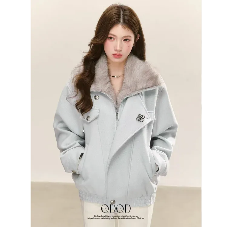 QDQD 复古翻毛领蓝色夹克冬季新款时尚加厚保暖韩系甜美风外套