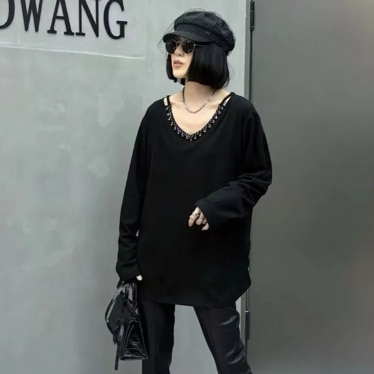 秋冬新款V领镶钻时尚百搭特体宽松300斤可穿打底T桖51058