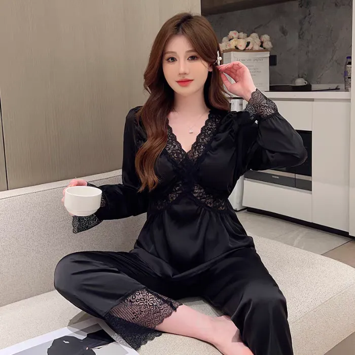 【优雅气质】春夏冰丝缎面睡衣轻奢纯欲风时尚长袖蕾丝白色女家居服