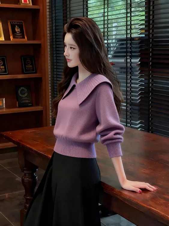 2025秋冬季韩式复古慵懒风轻熟风翻领针织衫女柔雾紫翻领百搭毛衣