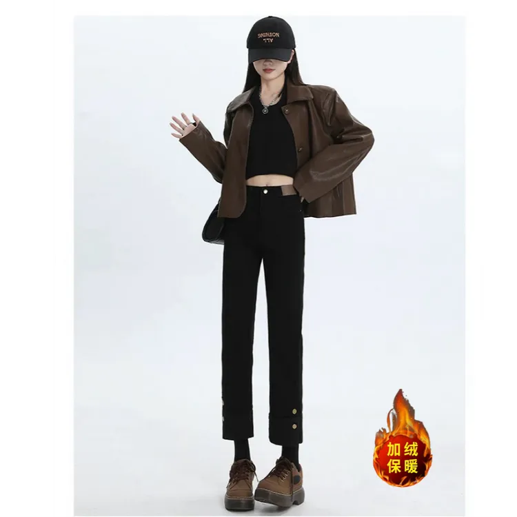 黑色窄版直筒加绒牛仔裤女2025冬季新款高腰小个子百搭显瘦烟管裤