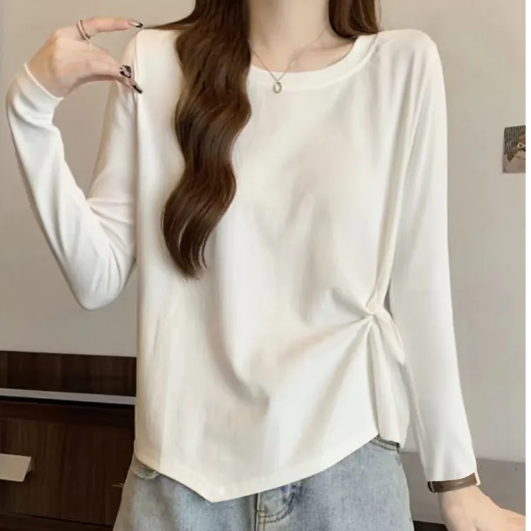 大码白色圆领t恤女春秋季新款韩版胖m显瘦简约打底衫长袖宽松上衣