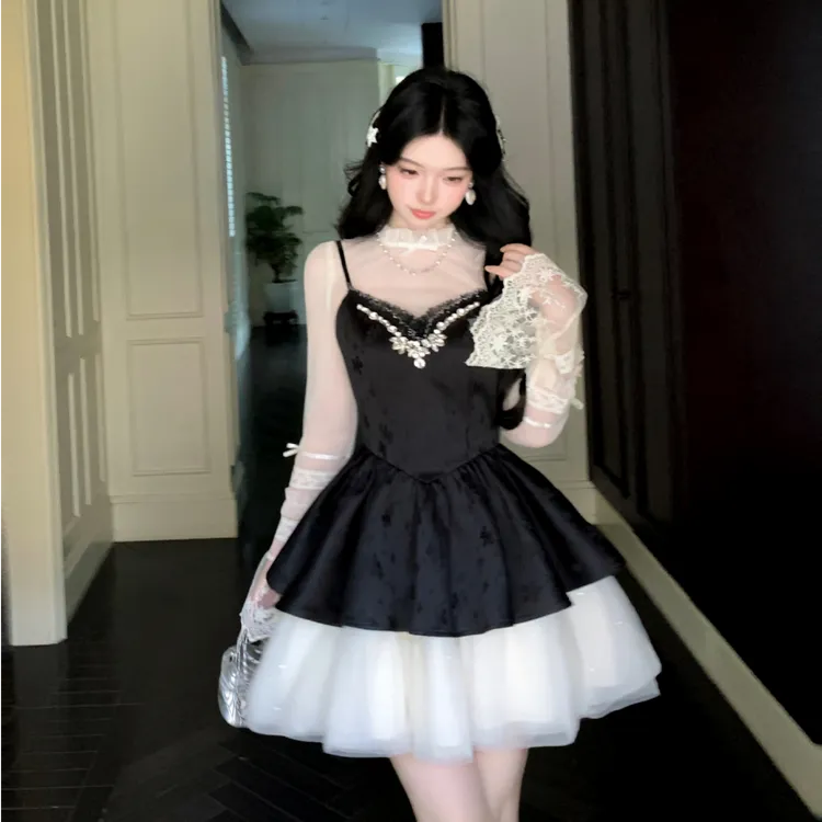 Blovelan暗夜流光 千金感镶钻网纱宴会小礼裙+蕾丝上衣打底衫