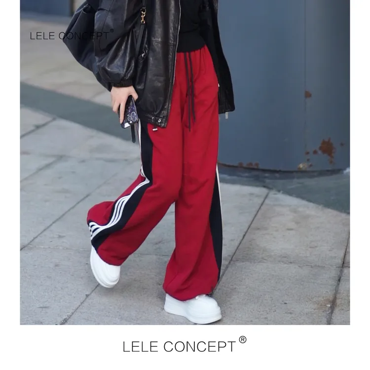 LELE CONCEPT | 【如一】红黑休闲洋气街头侧条收脚裤阔腿裤K0290