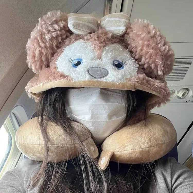 卡通u型枕带帽子旅行便携秋冬连帽午睡枕保暖护颈U形枕加厚牛奶绒