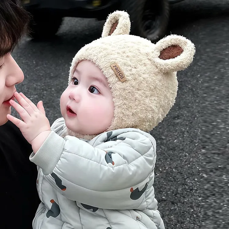 婴儿帽子秋冬可爱加厚新款韩版羊羔绒皮标帽子男女宝宝保暖护耳帽