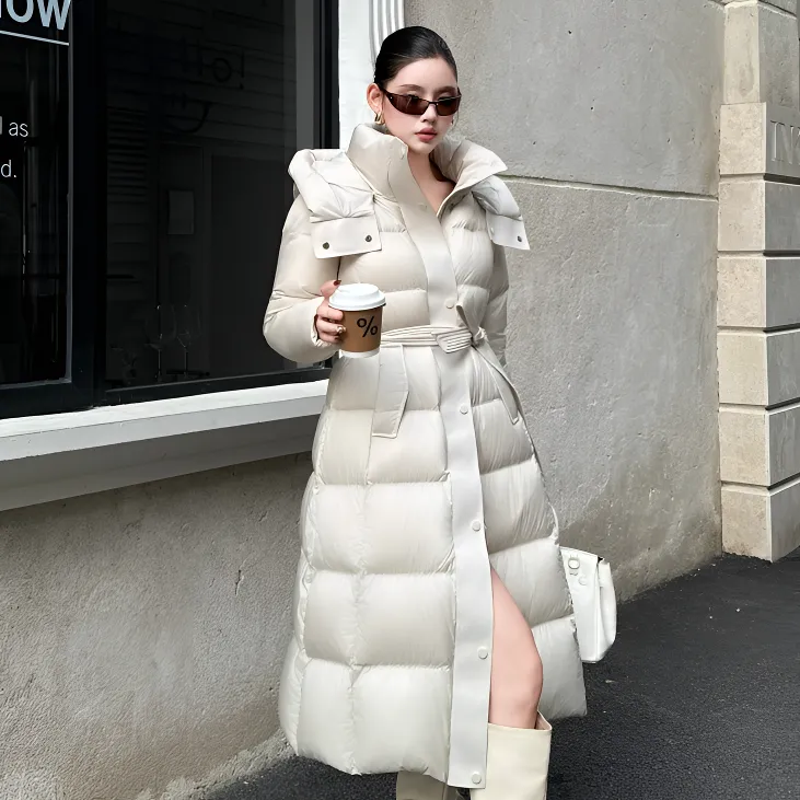 商场同款新国标90白鸭绒羽绒服女冬新款过膝长款收腰显瘦连帽外套