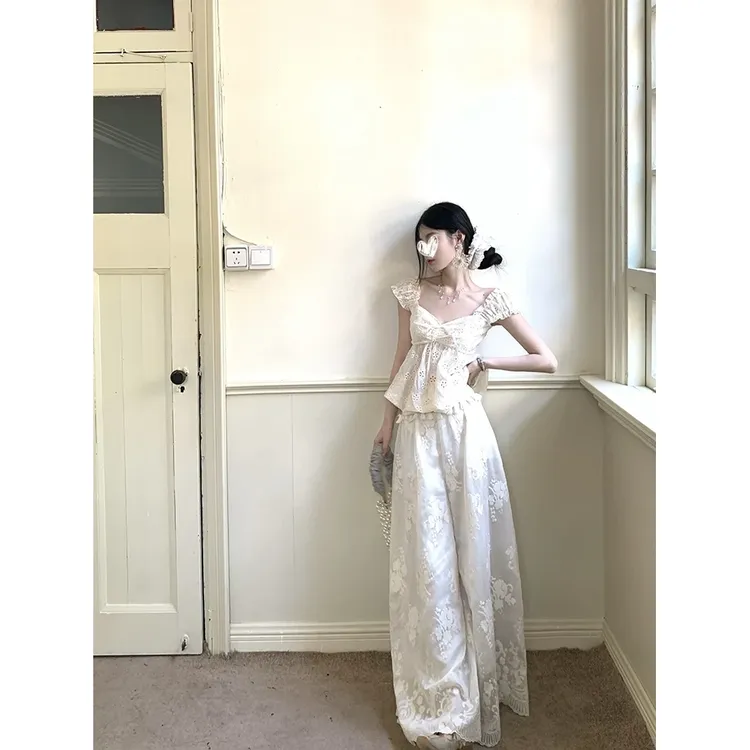 【南法假日】蕾丝棉布吊带短袖小上衣+宽松绣花阔腿裤时尚套装9720