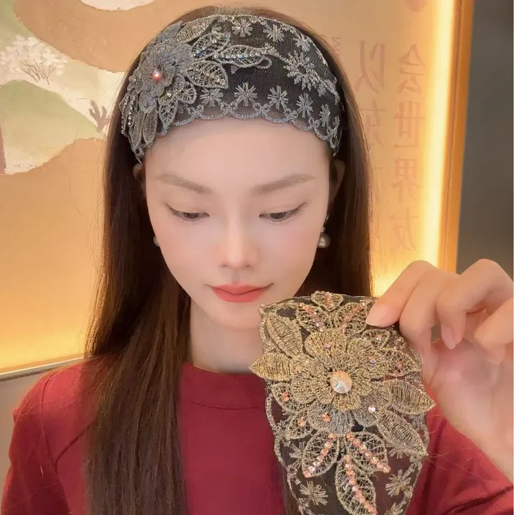 网纱刺绣宽边发箍带齿防滑遮白发头箍气质白搭蕾丝花朵遮白发神器