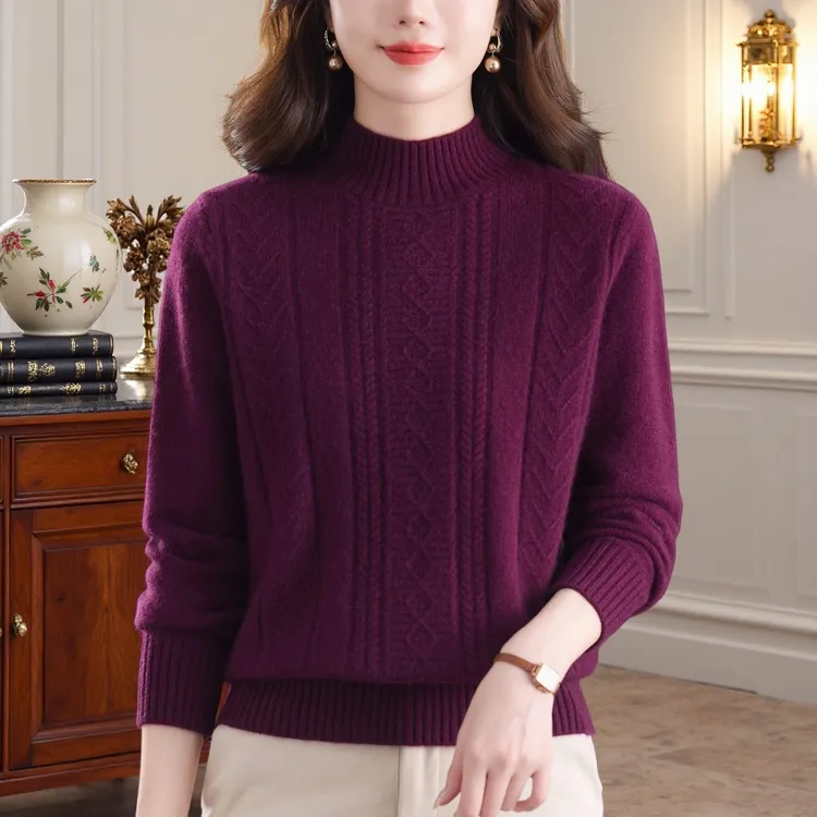 秋冬季新款纯100羊绒衫女中年妈妈保暖针织衫女士半高领毛衣宽松