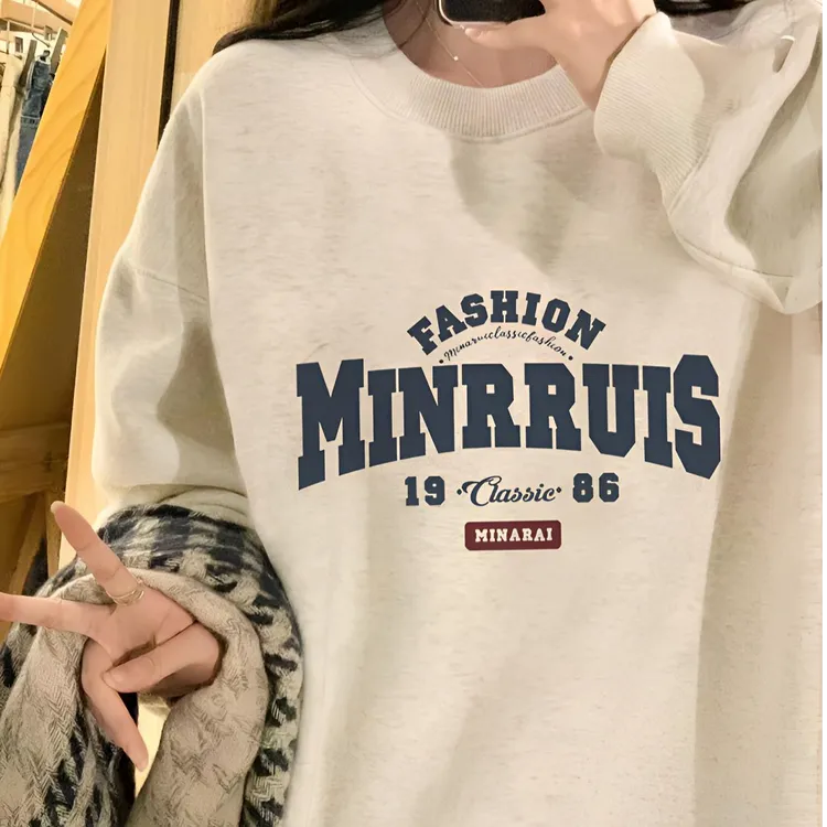 新款春秋美式休闲复古宽松圆领卫衣女秋冬加绒加厚百搭潮上衣印花