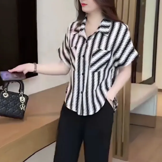 设计感短袖条纹衬衫女休闲印花上衣夏季新款时尚宽松衬衣遮肉小衫