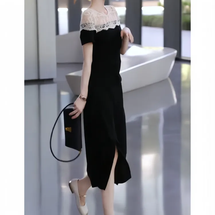 秋季千金风名媛风显瘦修身开叉拼接蕾丝连衣裙气质风优雅风鱼尾裙