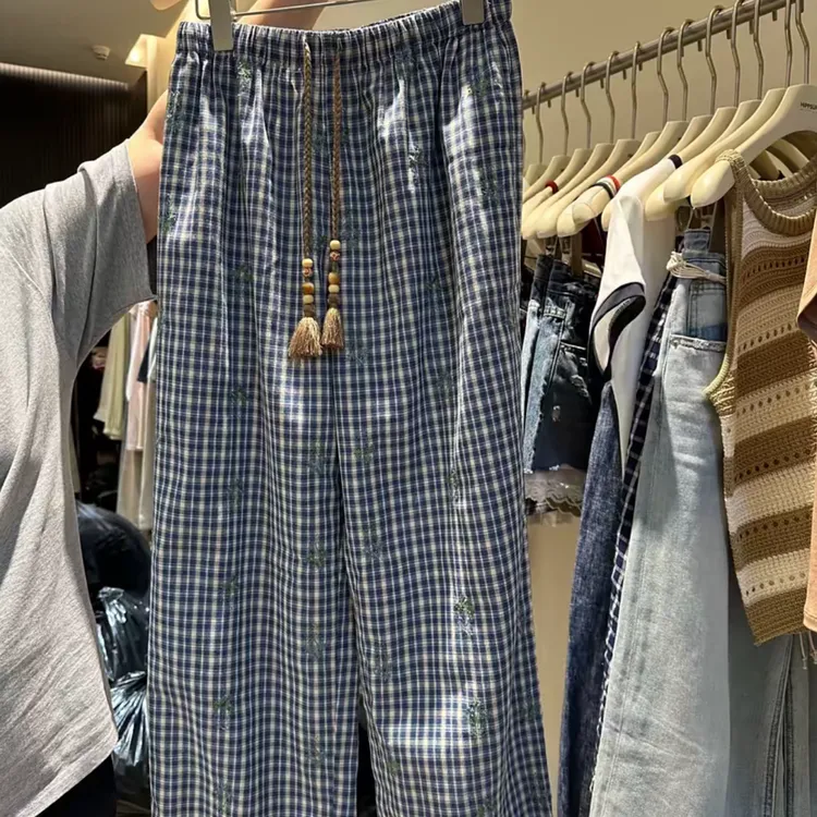 2025夏季新款高腰显瘦大码阔腿显瘦流苏抽绳格子裤