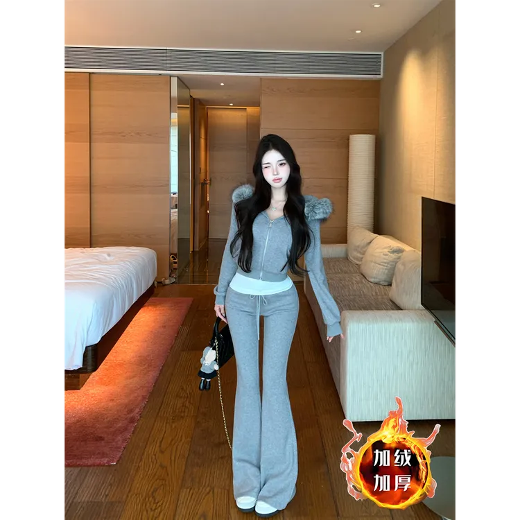 加绒加厚毛领连帽拉链卫衣外套女装秋冬套装灰色微喇叭裤子两件套