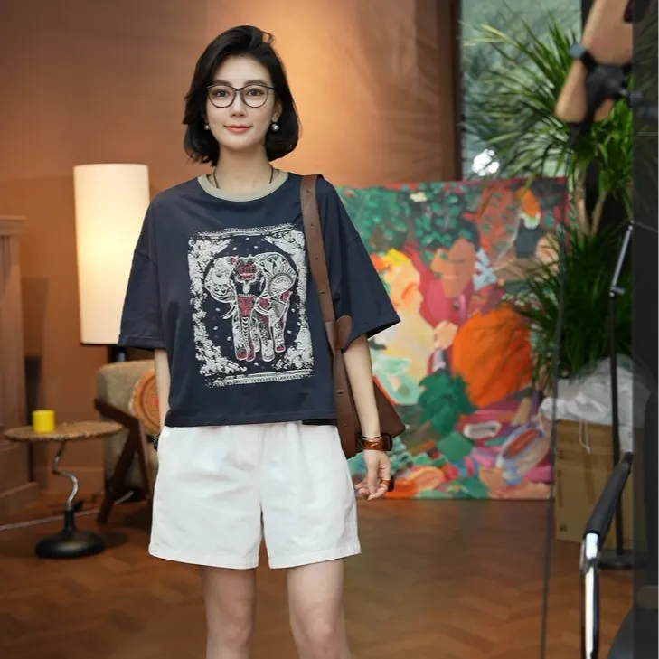 Syan【版纳风情】2025新款夏装复古宽松印花街头时尚圆领T恤