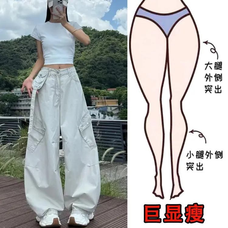 新款时尚大码女装设计感纯色工装牛仔裤高腰宽松显瘦休闲阔腿裤