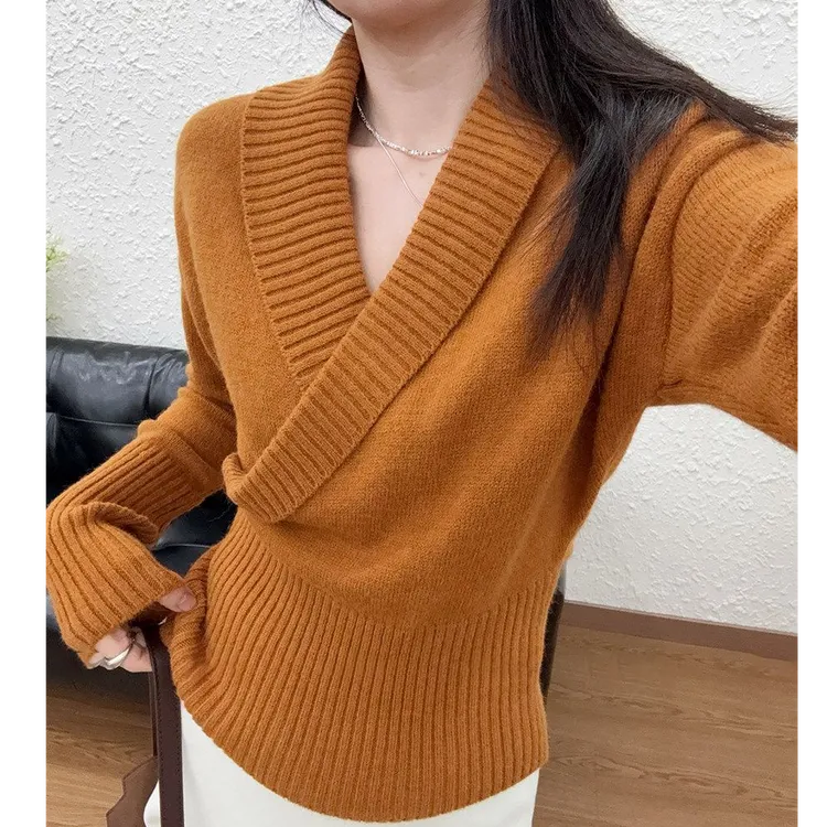 休闲风气质交叉V领针织衫女2025秋冬季不规则修身收腰显瘦上衣女