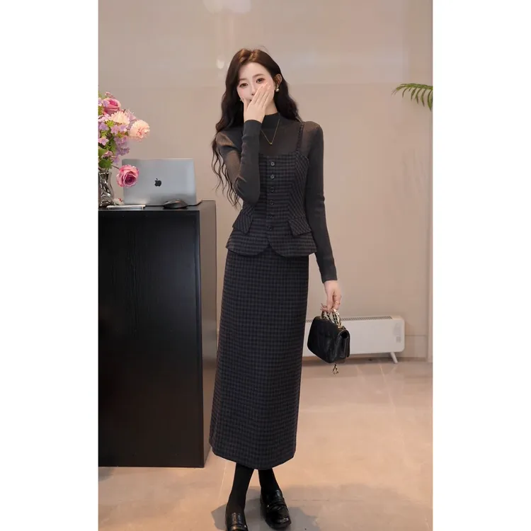 YUANLIANSU/圆脸酥【 砚雪烹茶】高级感打底衫+马甲+半身裙三件套女