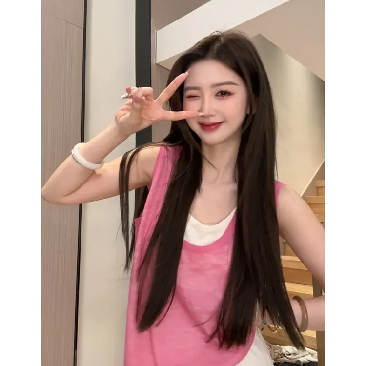 韩系时尚显白假两件拼接无袖背心女2025夏季新款撞色拼接减龄上衣
