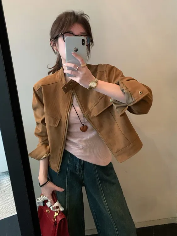 咖色复古小个子夹克外套女短款2025秋季韩版设计感小众美拉德上衣