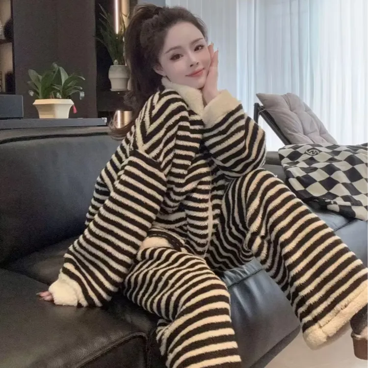 2025秋冬新款韩版条纹立领双面绒睡衣女加绒加厚保暖家居服套装