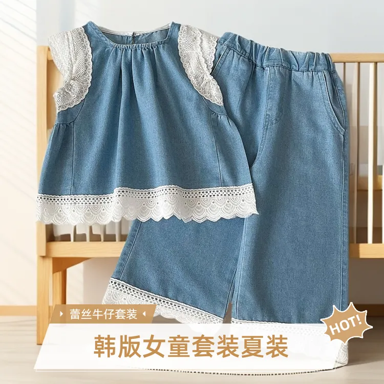 韩版女童牛仔套装夏季新款2025儿童蕾丝花边无袖背心裤子两件套潮