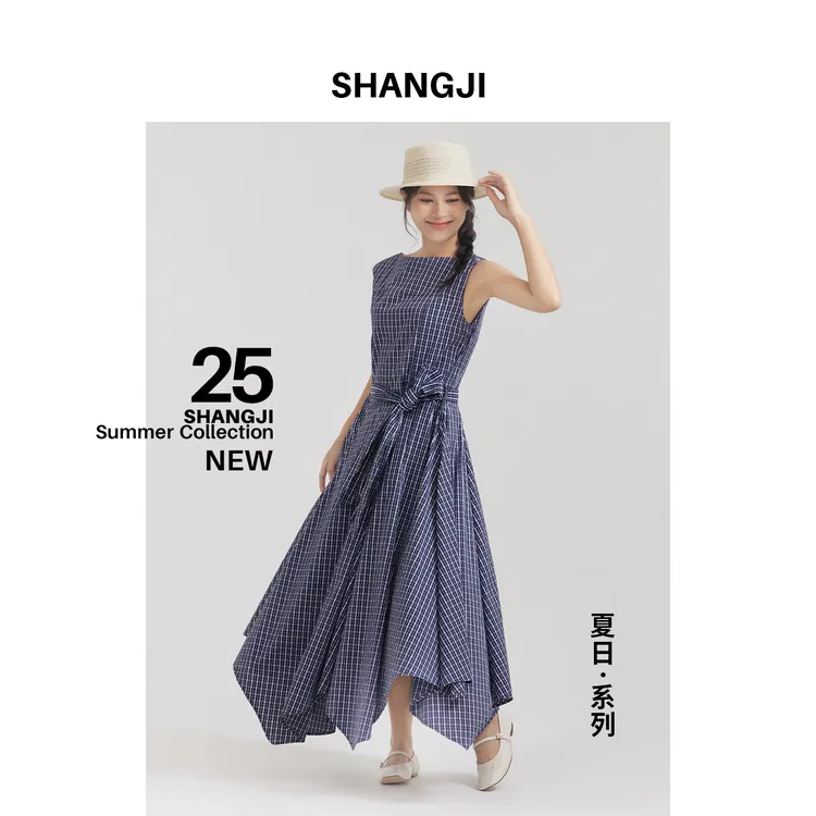 SHANGJI/上集法式气质收腰显瘦蓝格子连衣裙无袖背心裙/XS359252
