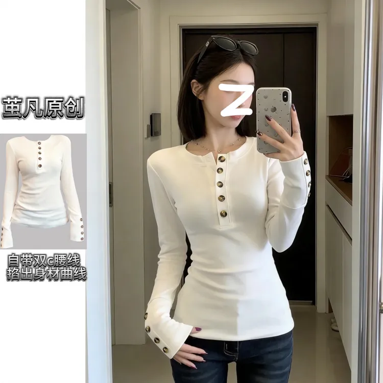 微胖大码胖妹妹设计感定制亨利扣慕丝加绒长袖女秋冬显瘦打底衫女