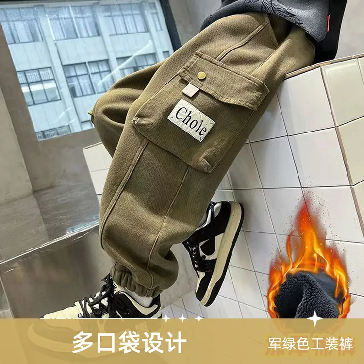 男孩冬季加绒裤工装裤学生版大兜束脚裤中大童秋冬休闲裤