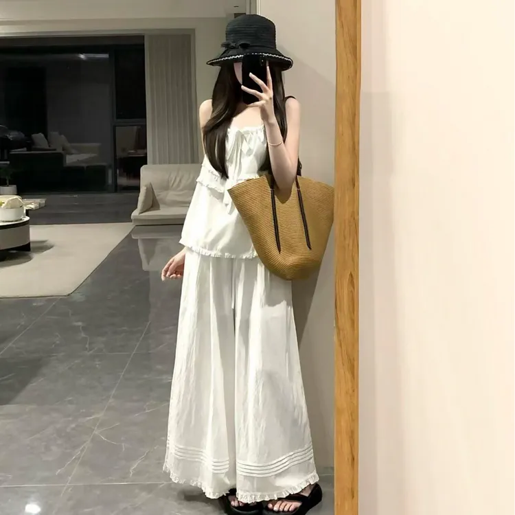 2025夏季新款韩系温柔风蕾丝边吊带背心女百搭高腰显瘦阔腿裤套装
