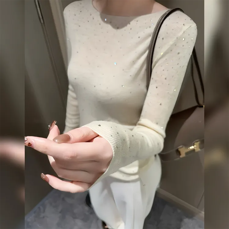 5200秋冬毛衣长袖女装韩版烫钻一字领时尚气质显瘦套头打底衫