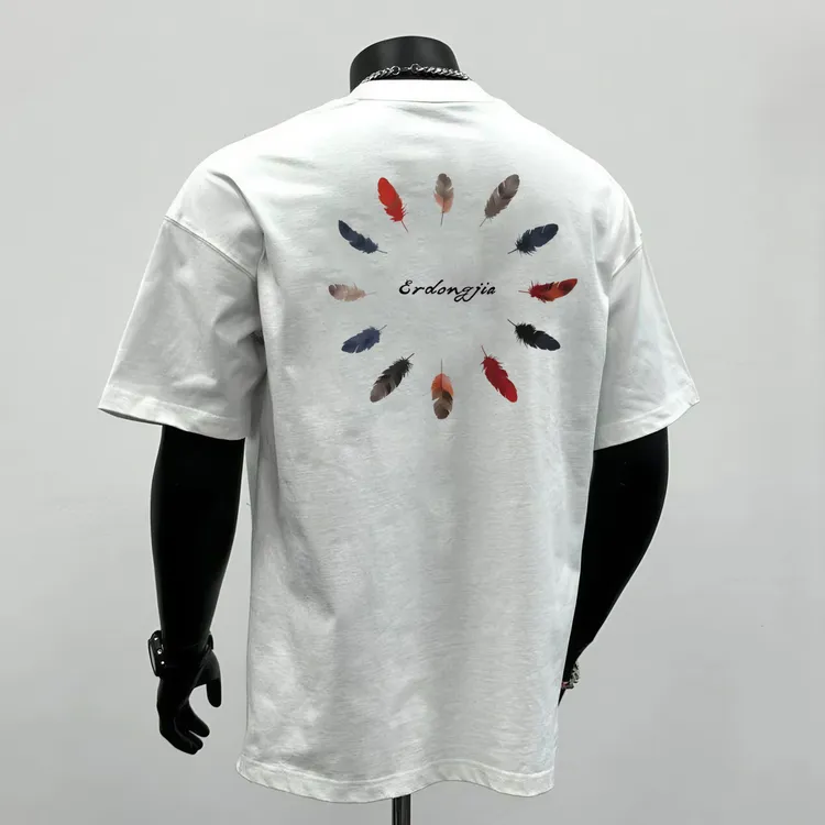 夏季新款环绕彩色羽毛潮流印花t恤重磅纯棉休闲时尚百搭T恤男
