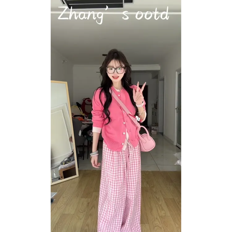 INS CEC气质韩系假两件玫红色针织开衫女春季减龄高腰休闲裤套装