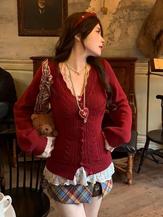 圣诞元旦节大码胖mmv领钩花针织开衫秋冬新款修身麻花上衣外套女